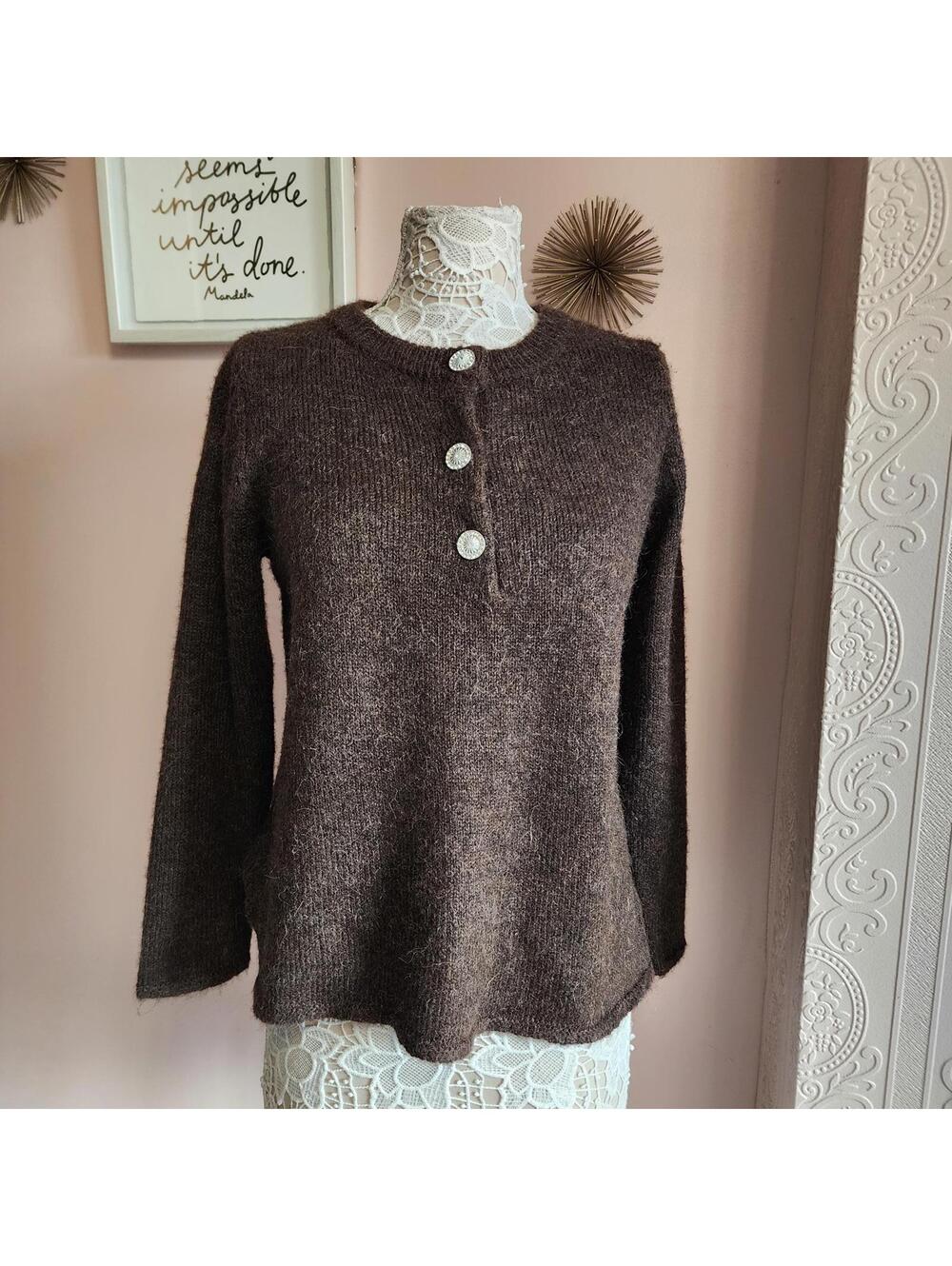 Anthropologie Sunday Brown Knit Button Neck Sweater Women’s Medium NWT